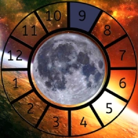 The Moon shown within a Astrological House wheel highlighting the 9th House